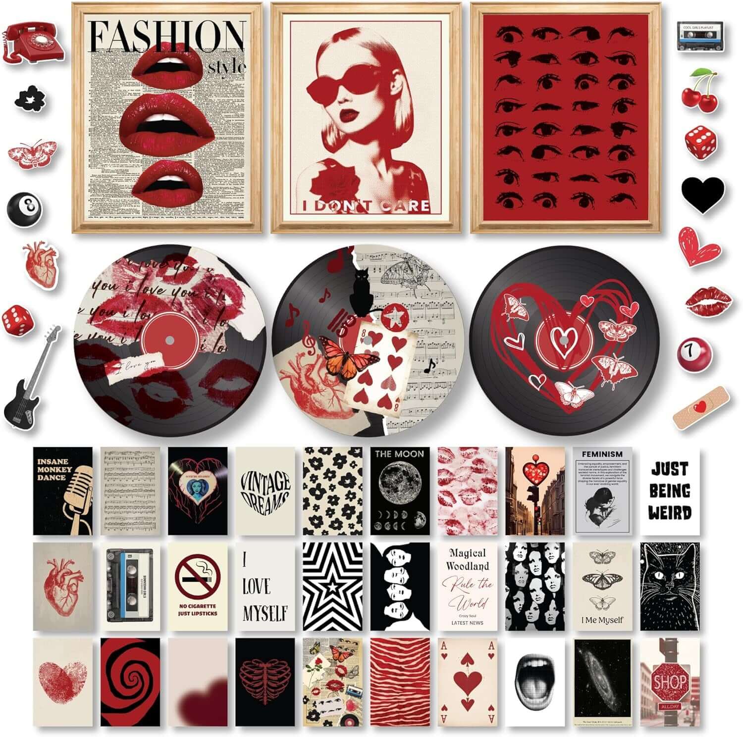 41-Piece Y2K Room Decor Kit featuring red retro prints, decorative stickers, and trendy designs for a bold aesthetic.