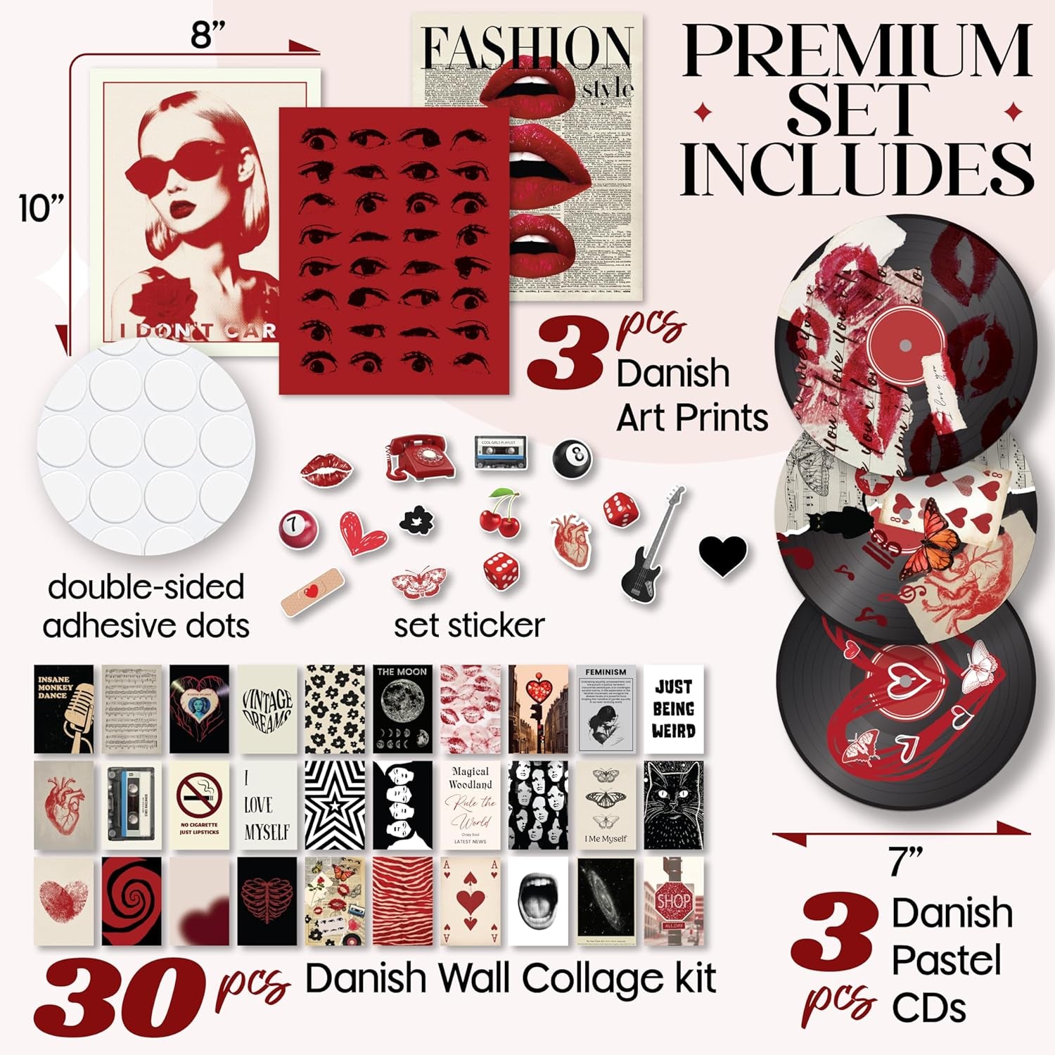 41-Piece Y2K Room Decor Kit showcasing 3 Danish Art Prints, 30 Danish Wall Collage pieces, and decorative stickers.