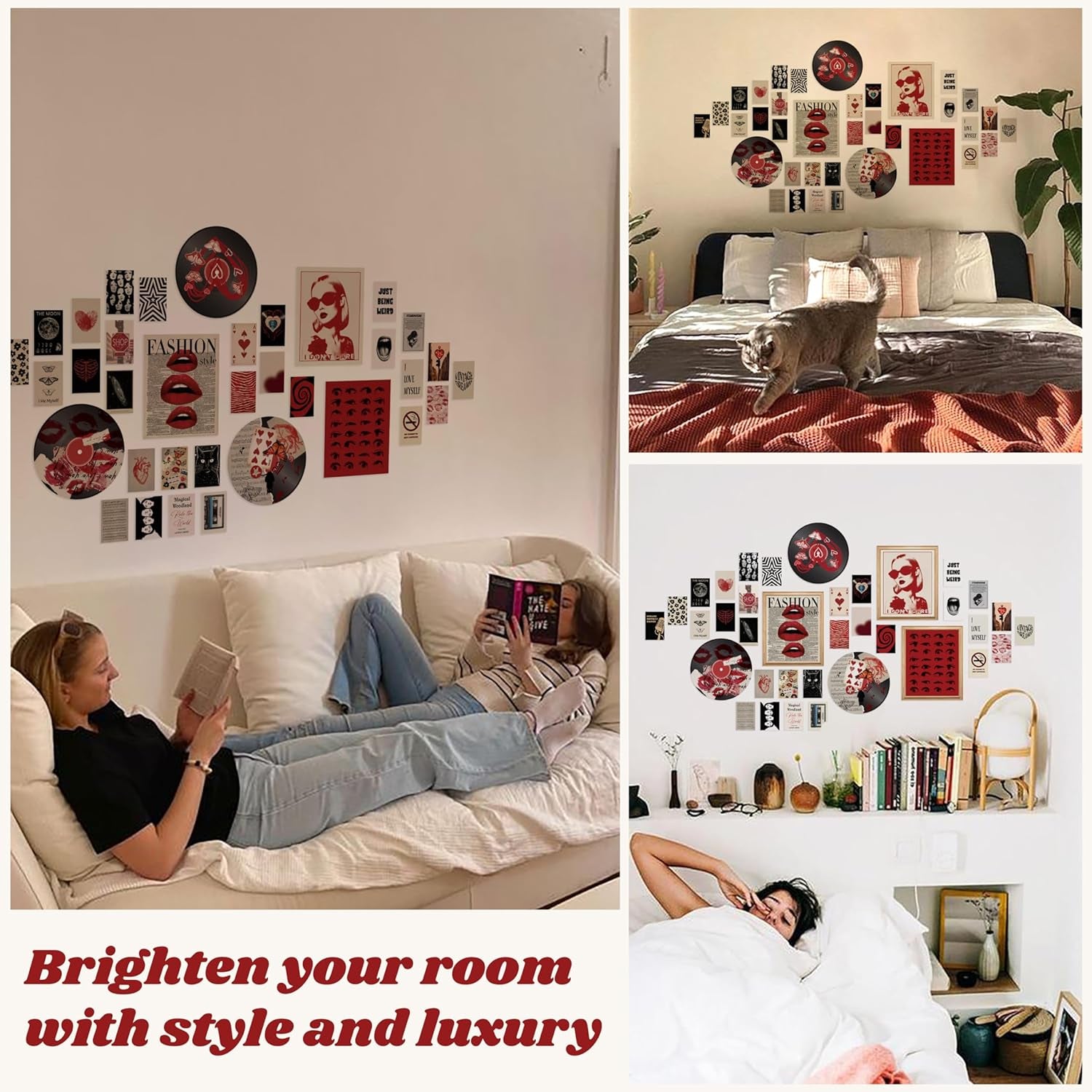 Y2K Room Decor Kit displayed in a stylish room, featuring red retro prints and decorative stickers.