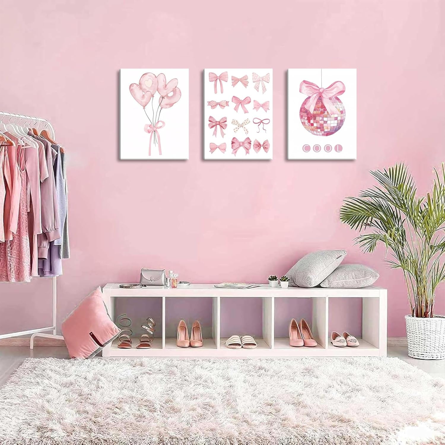Preppy Pink Bow Wall Art displayed in a stylish room with pink decor and feminine accents.