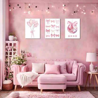 Preppy Pink Bow Canvas Wall Art, Trendy Bows Coquette Room Wall Decor Paintings, Pink Girly Disco Aesthetic Posters Prints Pictures for Girls Dorm Bedroom 16X24 Inch Framed