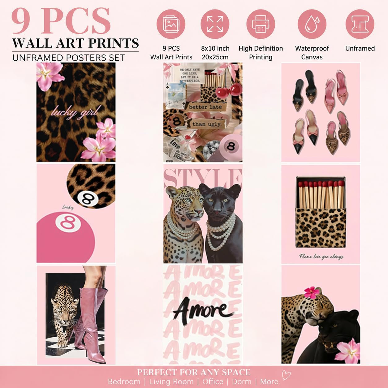 Pink leopard wall art set 9-piece Y2K canvas prints