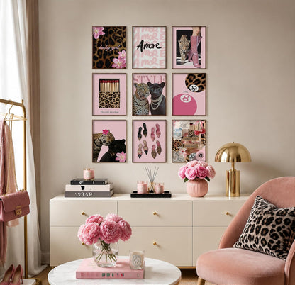 9Pcs Preppy Room Decor Aesthetic Pink Leopard Wall Art, Trendy Y2K Canvas Posters, Cheetah 8 Ball Floral Prints Pictures Coquette Wall Decor for Teen Girls Bedroom College Dormitory 8X10In Unframed