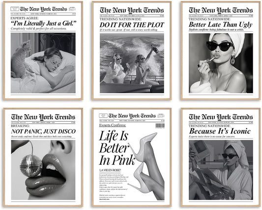 Trendy Newspaper Wall Art Prints, Vintage Black & White Newspaper Wall Decor Aesthetic Pictures, Retro Girly Dorm Room Decor, Funky Bathroom Wall Decor Disco Poster for Teen Girl Bedroom Apartment, Bar Cart Decor - Unframed