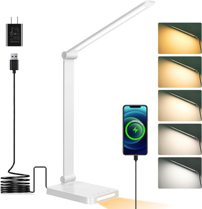 LED Desk Lamp with USB Ports, Touch Control, 5 Color Modes, 3 Brightness Levels, Foldable Design, White