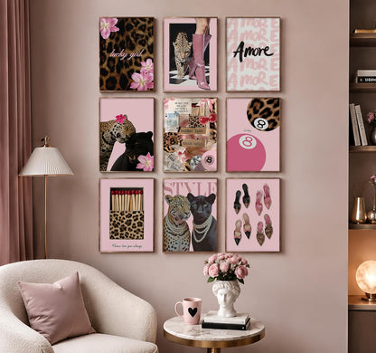 9Pcs Preppy Room Decor Aesthetic Pink Leopard Wall Art, Trendy Y2K Canvas Posters, Cheetah 8 Ball Floral Prints Pictures Coquette Wall Decor for Teen Girls Bedroom College Dormitory 8X10In Unframed