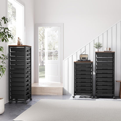 Rolling Cart with Drawers,10 Drawer Rolling Cart,Rolling Storage Cart with Drawers,Black Rolling Drawer Cart,Teacher Rolling Cart for Classroom Storage,Craft Cart with Wooden Tabletop