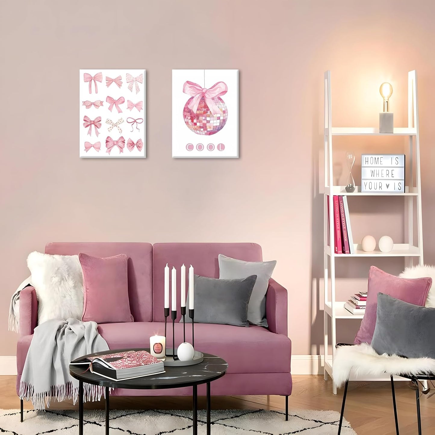 Preppy Pink Bow Canvas Wall Art, Trendy Bows Coquette Room Wall Decor Paintings, Pink Girly Disco Aesthetic Posters Prints Pictures for Girls Dorm Bedroom 16X24 Inch Framed