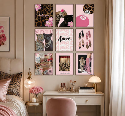 9Pcs Preppy Room Decor Aesthetic Pink Leopard Wall Art, Trendy Y2K Canvas Posters, Cheetah 8 Ball Floral Prints Pictures Coquette Wall Decor for Teen Girls Bedroom College Dormitory 8X10In Unframed