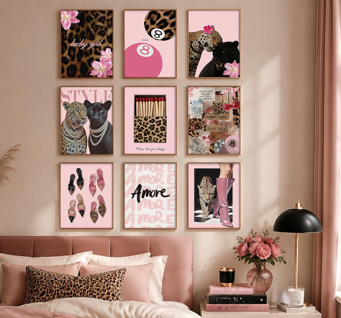 9Pcs Preppy Room Decor Aesthetic Pink Leopard Wall Art, Trendy Y2K Canvas Posters, Cheetah 8 Ball Floral Prints Pictures Coquette Wall Decor for Teen Girls Bedroom College Dormitory 8X10In Unframed