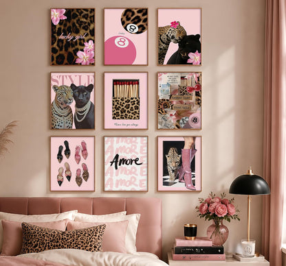 9Pcs Preppy Room Decor Aesthetic Pink Leopard Wall Art, Trendy Y2K Canvas Posters, Cheetah 8 Ball Floral Prints Pictures Coquette Wall Decor for Teen Girls Bedroom College Dormitory 8X10In Unframed