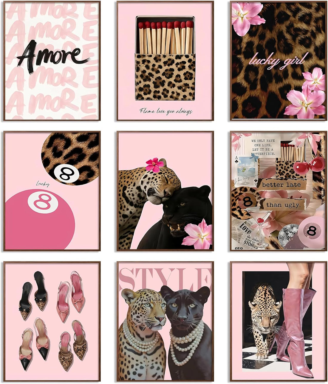 Pink leopard wall art set 9-piece Y2K canvas prints