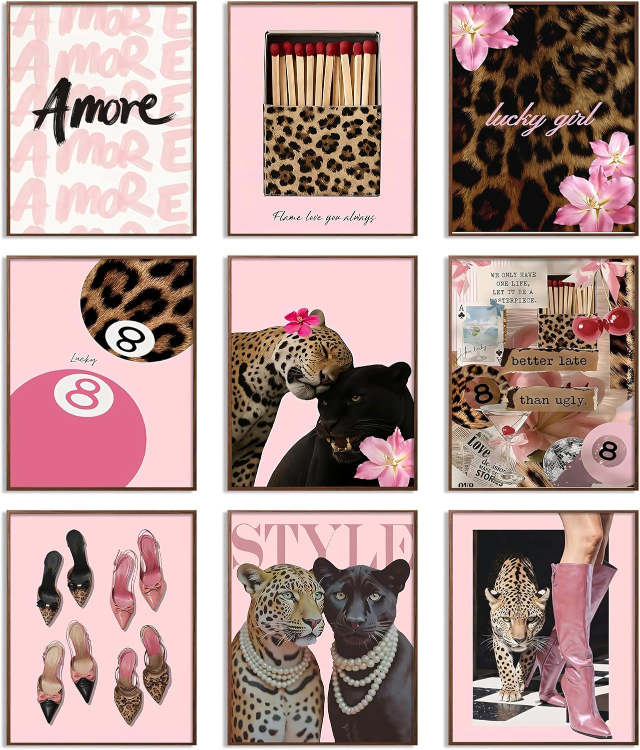 9Pcs Preppy Room Decor Aesthetic Pink Leopard Wall Art, Trendy Y2K Canvas Posters, Cheetah 8 Ball Floral Prints Pictures Coquette Wall Decor for Teen Girls Bedroom College Dormitory 8X10In Unframed