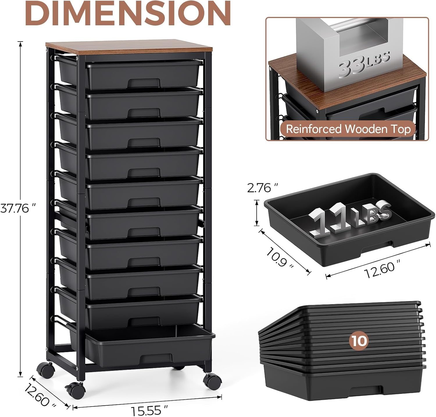 Rolling Cart with Drawers,10 Drawer Rolling Cart,Rolling Storage Cart with Drawers,Black Rolling Drawer Cart,Teacher Rolling Cart for Classroom Storage,Craft Cart with Wooden Tabletop