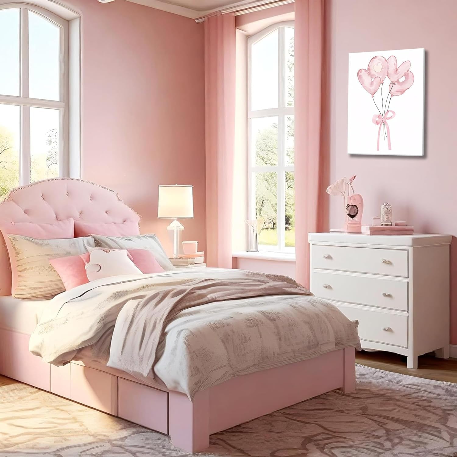 Preppy Pink Bow Wall Art displayed in a stylish pink bedroom setting, enhancing feminine décor.