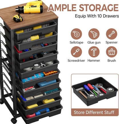Rolling Cart with Drawers,10 Drawer Rolling Cart,Rolling Storage Cart with Drawers,Black Rolling Drawer Cart,Teacher Rolling Cart for Classroom Storage,Craft Cart with Wooden Tabletop