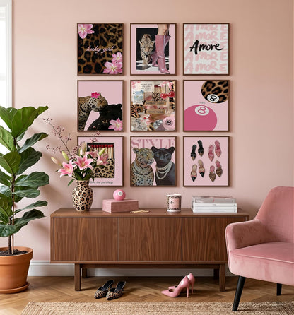 9Pcs Preppy Room Decor Aesthetic Pink Leopard Wall Art, Trendy Y2K Canvas Posters, Cheetah 8 Ball Floral Prints Pictures Coquette Wall Decor for Teen Girls Bedroom College Dormitory 8X10In Unframed