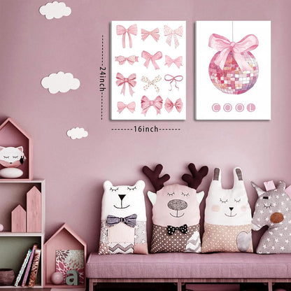 Preppy Pink Bow Canvas Wall Art, Trendy Bows Coquette Room Wall Decor Paintings, Pink Girly Disco Aesthetic Posters Prints Pictures for Girls Dorm Bedroom 16X24 Inch Framed