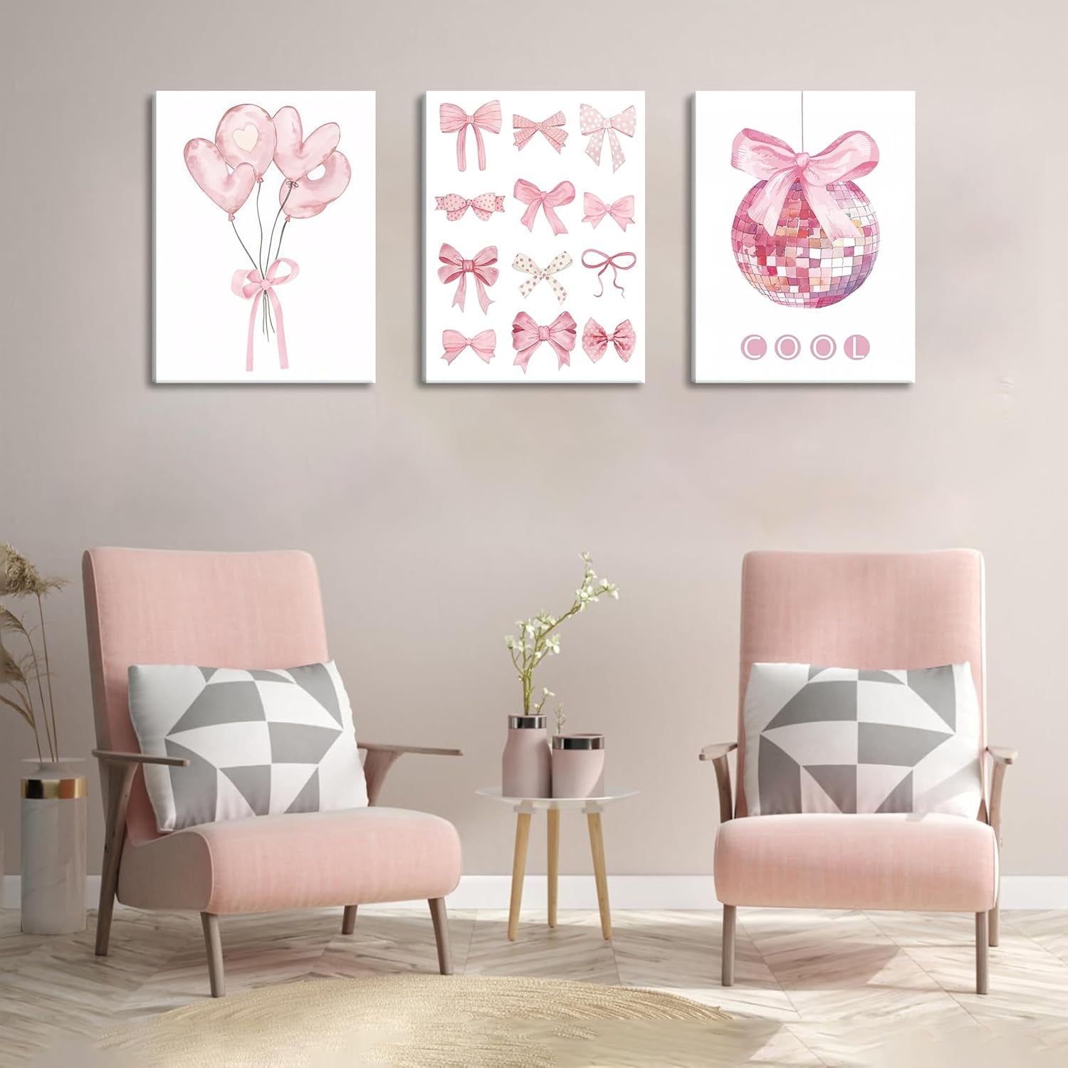 Preppy Pink Bow Wall Art featuring pink bows and balloons in a stylish room with pink chairs and geometric cushions.