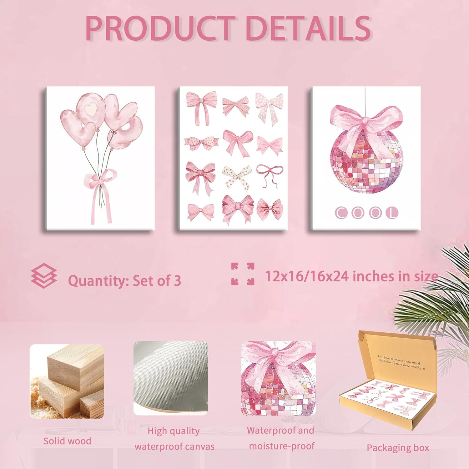 Preppy Pink Bow Wall Art set of 3 featuring pink balloons and bows on high-quality canvas.