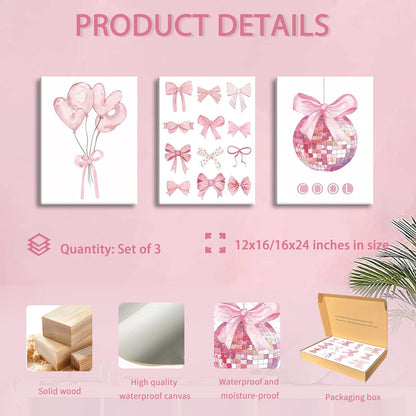 Preppy Pink Bow Canvas Wall Art, Trendy Bows Coquette Room Wall Decor Paintings, Pink Girly Disco Aesthetic Posters Prints Pictures for Girls Dorm Bedroom 16X24 Inch Framed